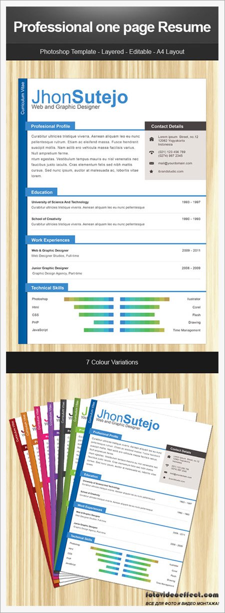 Professional One Page Resume PSD Template