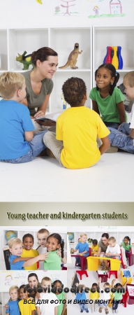 Stock Photo: Young teacher and kindergarten students