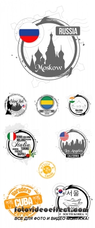 Stock: Round emblems of cities of the world, silhouettes of sights, vector