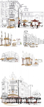 Stock: Series of street cafe in sketches