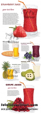 The drawn drinks, fruit and place for the text /  ,        