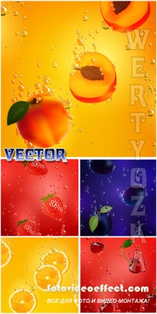    , , , ,  / Vector backgrounds with fruit, strawberry, cherry, plum, lemon