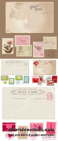 Stock: Vintage Postcard and Postage Stamps