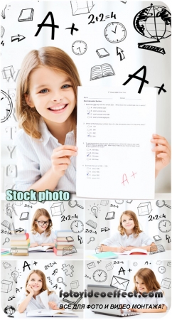   ,  / Girl with books, lessons - Raster clipart