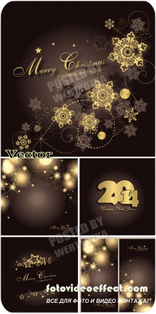 Новогодние фоны 2014 с золотыми звездами и снежинками / New Year 2014 - stock vector