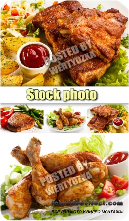  , ,  / Grilled meat, potatoes, gravy - stock photos