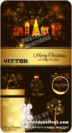 Золотые рождественские элементы на темных векторных фонах / Gold christmas vector elements