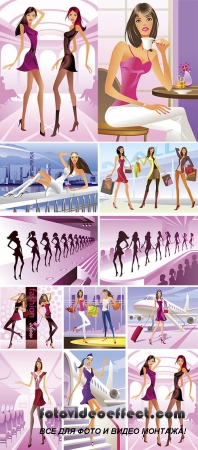 Stock: Fashion girls in the mall - vector illustration