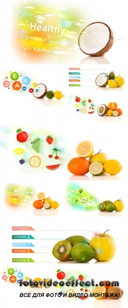 Stock Photo: Healthy fruits with colorful vitamin symbols