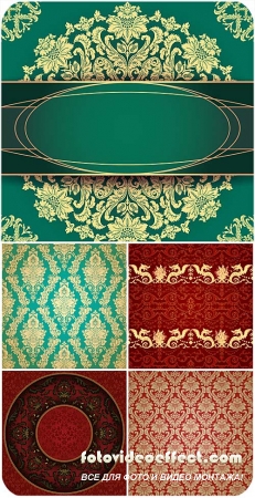Золотые узоры, векторные красные и зеленые фоны, винтаж / Golden patterns, vector red and green backgrounds, vintage