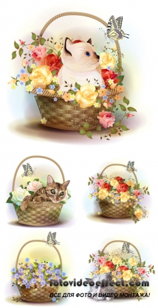 Корзины с цветами и котятами, вектор / Baskets of flowers and kittens, vector