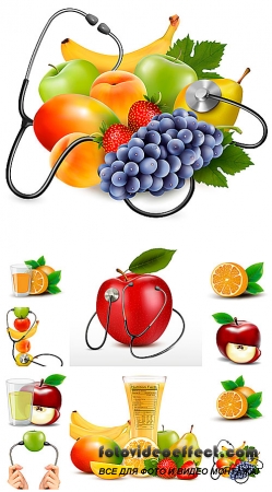 Фрукты, свежие соки в векторе / Fruits, fresh juices vector