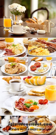 Stock Photo: Breakfast with fried eggs, coffee, juice, croissant and fruits