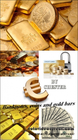 Banknotes, coins and gold bars