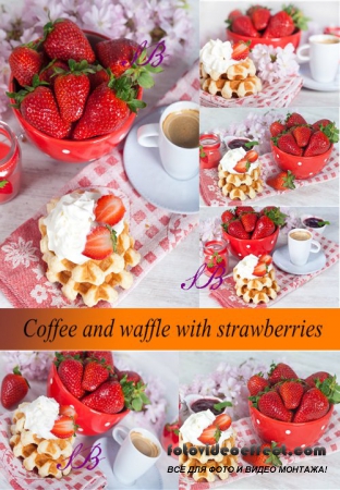 Stock Photo: Coffee and waffle with strawberries