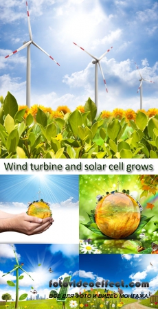 Stock Photo: Wind turbine and solar cell grows