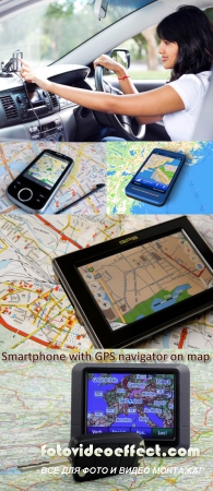 Stock Photo: Smartphone with GPS navigator on map