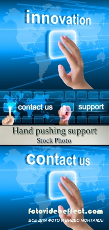 Stock Photo: Hand pushing support button on a touch screen interface