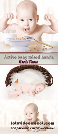 Stock Photo: Active baby raised hands up and smiling