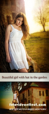 Stock Photo: Beautiful girl with hat in the garden near the castle