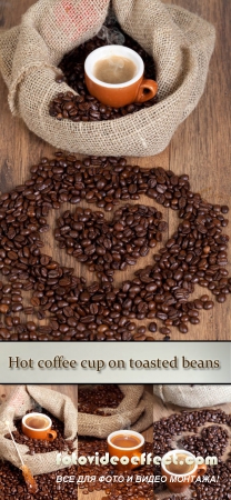 Stock Photo: Hot coffee cup on toasted beans