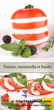 Stock Photo: Tomatoes, mozzarella and basil leaves