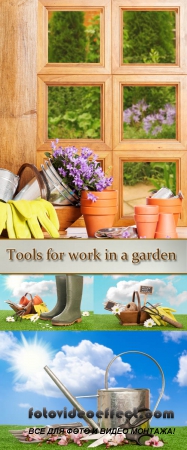 Stock Photo: Tools for work in a garden and rubber boots