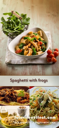 Stock Photo: Spaghetti with garlic, cheese and pads of frogs