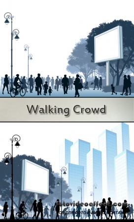 Stock: Walking crowd under a white billboard