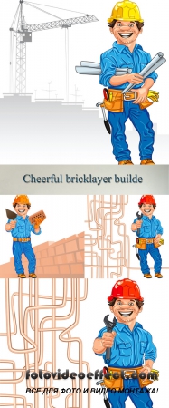 Stock: Vector cheerful bricklayer builder