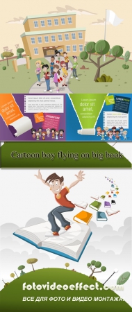 Stock: Cartoon boy flying on big book