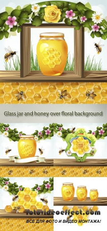 Stock: Glass jar and honey over floral background