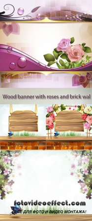 Stock: Wood banner with roses and brick wall