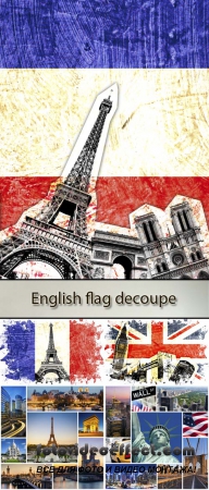 Stock Photo: English, French and American flag and sights