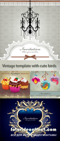Stock: Vintage template with cute birds and patterns