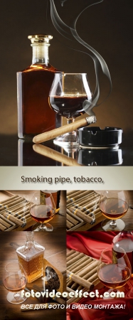 Stock Photo: Smoking pipe, tobacco, cuban cigar and liquor