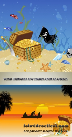 Stock: Vector illustration of a treasure chest on a beach