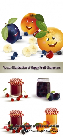 Stock: Vector illustration with happy fruit and jam jars
