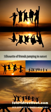 Stock Photo: Silhouette of friends jumping in sunset