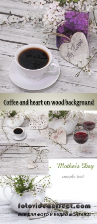 Stock Photo: Coffee and heart on wood background