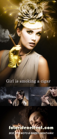 Stock Photo: Girl is smoking a cigar