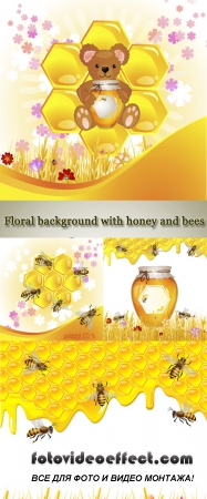 Stock: Floral background with honey and bees