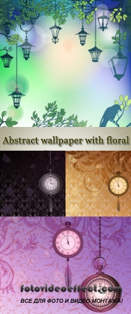 Stock: Abstract wallpaper with floral branches and pocket watches