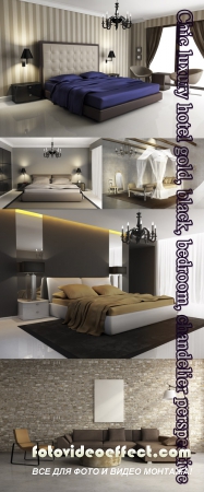 Stock Photo: Chic luxury hotel gold, black, bedroom, chandelier perspective