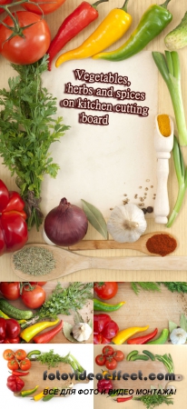 Stock Photo: Vegetables, herbs and spices on kitchen cutting board