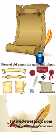 Stock: Piece of old paper, ink, quill and inkpot