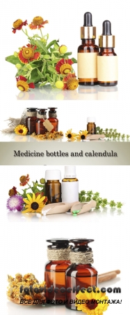 Stock Photo: Medicine bottles and calendula, isolated on white
