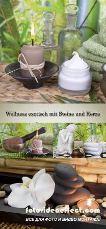 Stock Photo: Wellness. Bamboo and exotic flowers, stones and aromatic candles