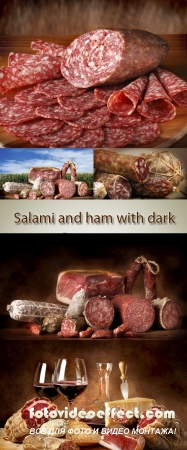 Stock Photo: Salami and ham with dark background