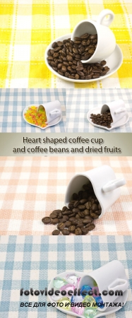 Stock Photo: Heart shaped coffee cup and coffee beans and dried fruits
